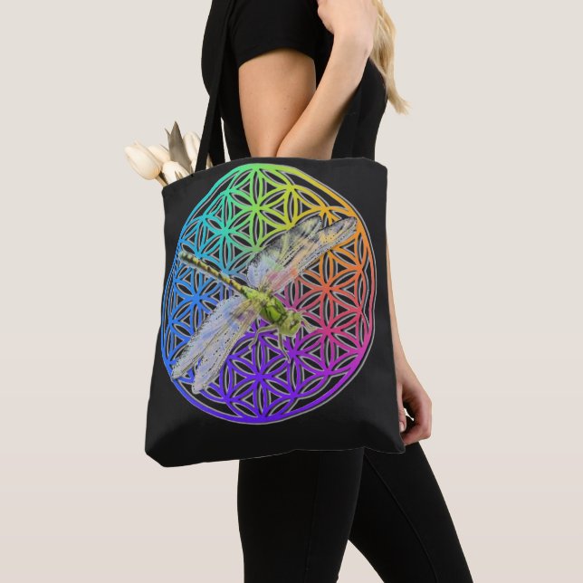 Elegant colorful flower of life dragonfly art tote bag (Close Up)