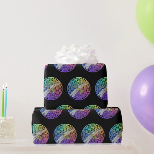 Elegant colorful flower of life dragonfly art wrapping paper