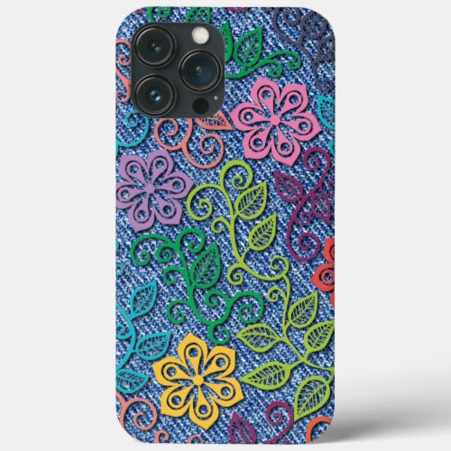 Elegant Colorful Flower Pattern Denim Blue Jeans iPhone 13 Pro Max Case