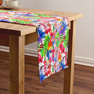 Elegant Colorful Flowers And Parrot Bird Short Table Runner