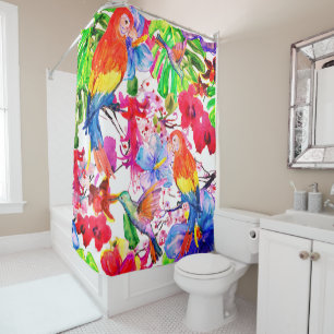 Elegant Colorful Flowers And Parrot Bird Shower Curtain