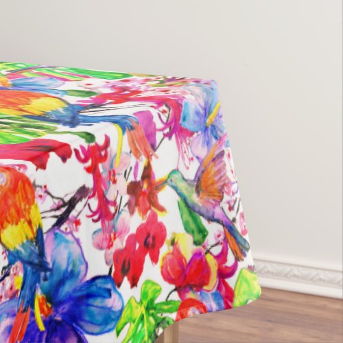 Elegant Colorful Flowers And Parrot Bird Tablecloth