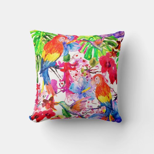 Elegant Colorful Flowers And Parrot Bird Throw Pillow