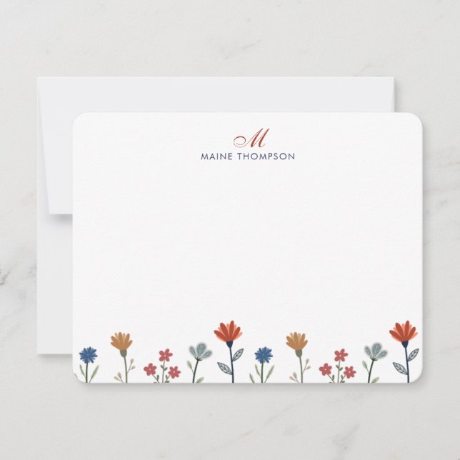 Elegant Colorful Flowers Script Monogram Stripes Note Card (Front)
