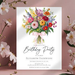 Elegant Colorful Garden Flowers Bouquet Birthday Invitation