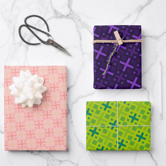 Elegant Colorful Geometric Cross Rectangle Pattern Wrapping Paper Sheets (Front)