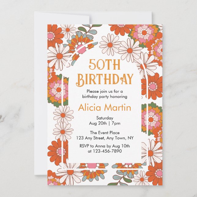 Elegant Colorful Groovy Flower & Leaf Birthday Invitation (Front)