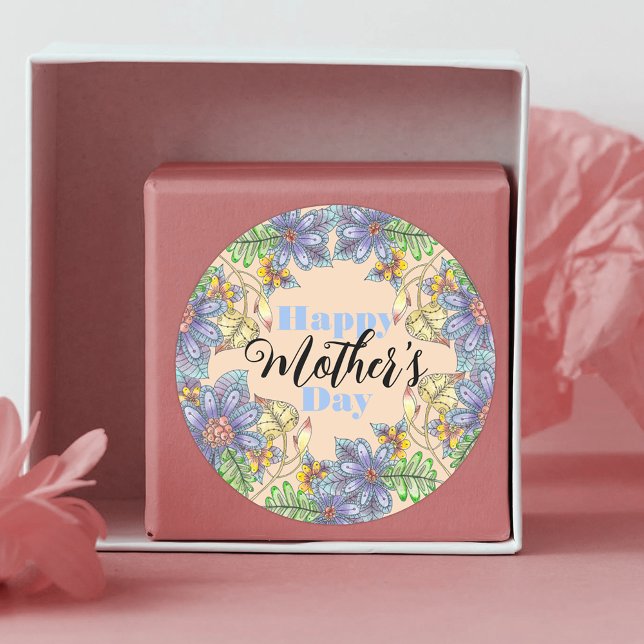 Elegant Colorful Hand-Drawn Floral Mother's Day  Classic Round Sticker (Creator Uploaded)