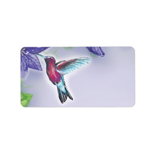 elegant colorful hummingbird and purple flowers label