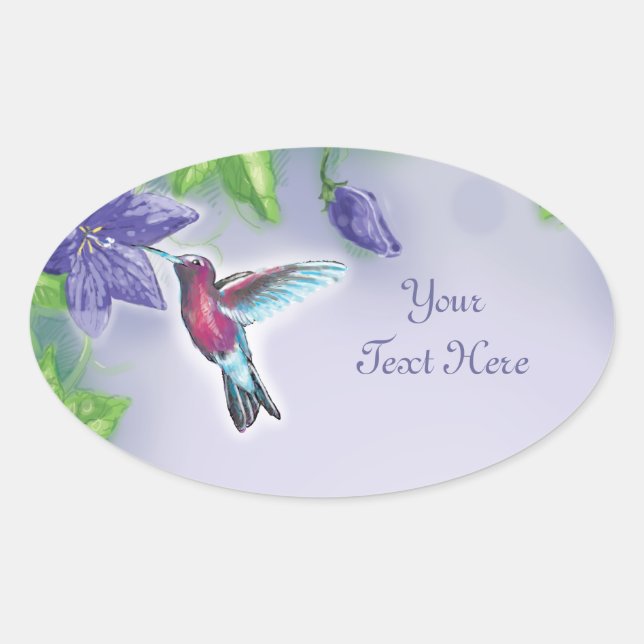 elegant colorful hummingbird and purple flowers oval sticker (Front)
