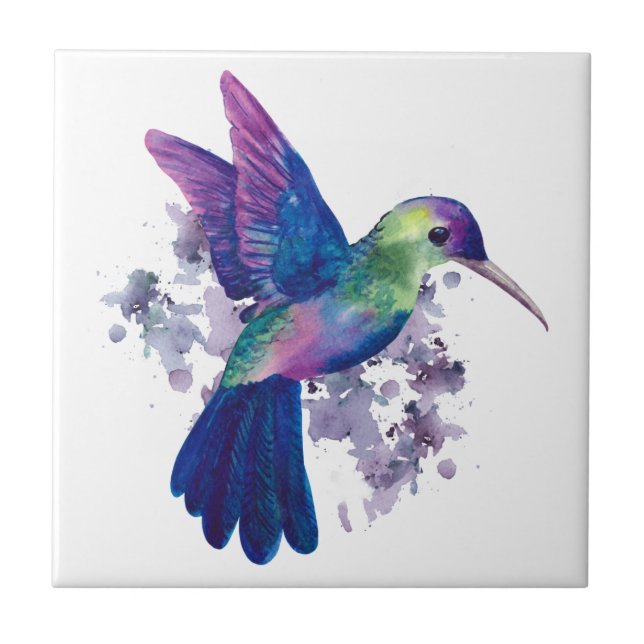 Elegant Colorful Hummingbird Watercolor Ceramic Tile (Front)