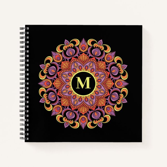 Elegant Colorful Mandala Flourish Monogram Notebook (Front)