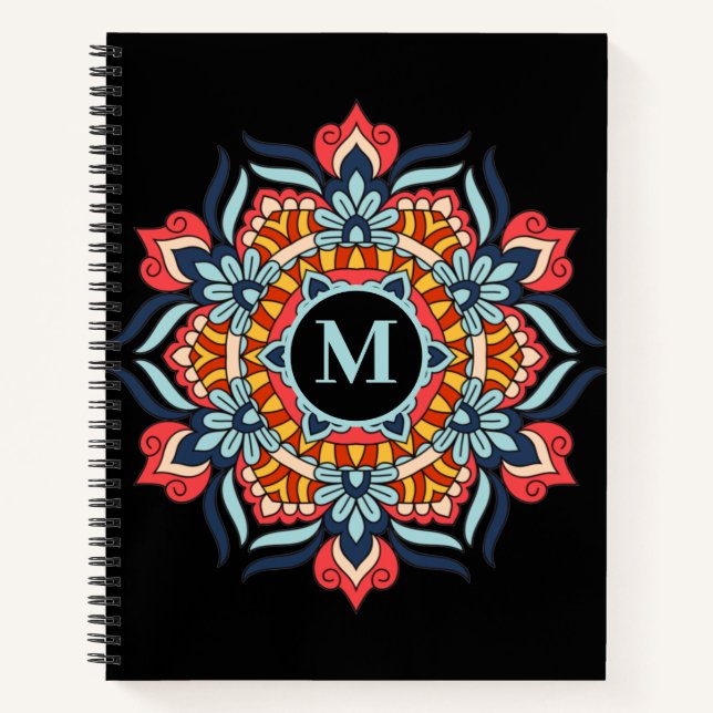 Elegant Colorful Mandala Flourish Monogram Notebook (Front)