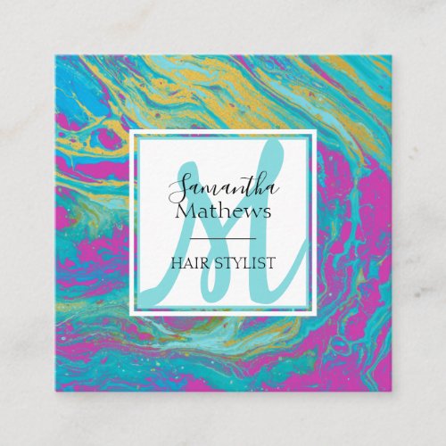 Elegant Colorful Marble Agate Hair Stylist Square Business Card