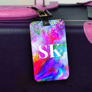 Elegant colorful marble art glitter white luggage tag