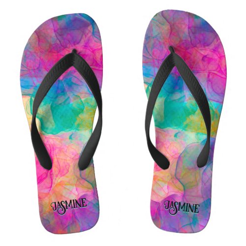 Elegant colorful marble art monogram flip flops