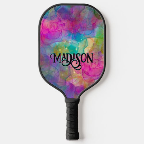 Elegant colorful marble art monogram pickleball paddle