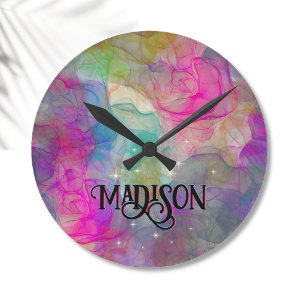 Elegant colorful marble art monogram round clock