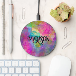 Elegant colorful marble art monogram wireless charger 