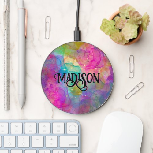 Elegant colorful marble art monogram wireless charger 