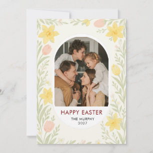 Elegant Colorful Oval Floral Easter Family Photo H Holiday Card