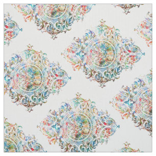 Elegant Colorful Over White Floral Ornament Fabric