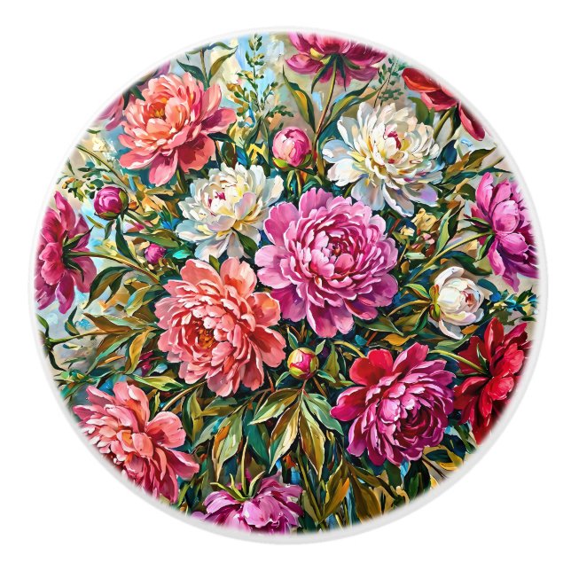 Elegant Colorful Painted Peony Flowers Ceramic Knob (Front)