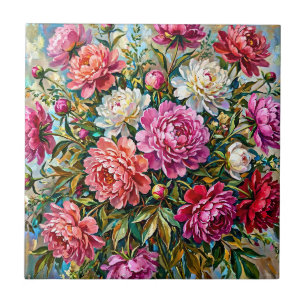 Elegant Colorful Painted Peony Flowers Ceramic Tile