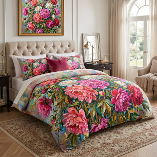 Elegant Colorful Painted Peony Flowers Duvet Cover