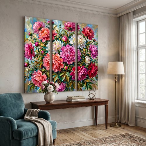 Elegant Colorful Painted Peony Flowers Triptych