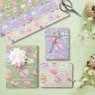 Elegant Colorful Pastel Wildflowers Happy Easter Wrapping Paper Sheets