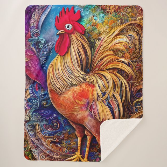 Elegant Colorful Patterned Rooster Sherpa Blanket (Front)