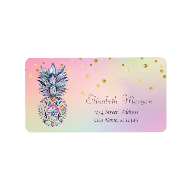 Elegant Colorful Pineapple Confetti Holographic  Label (Front)