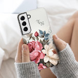 Elegant Colorful Pink Roses w/Monogram Samsung Galaxy S22 Case<br><div class="desc">Gorgeous colorful pink and antique white roses with gray and dusty blue foliage on subtle off-white background with customizable two-initial monogram text fields.</div>