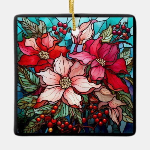 Elegant Colorful Red Christmas Poinsettias Ceramic Ornament