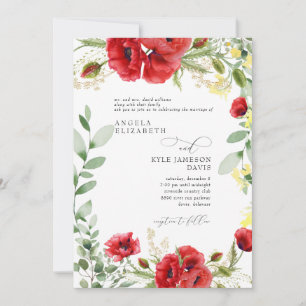 Elegant Colorful Red Foliage Poppies Wedding  Invitation