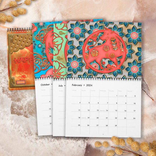 Elegant Colorful Red Gold 12 Chinese Zodiac Signs Calendar (Creator Uploaded)