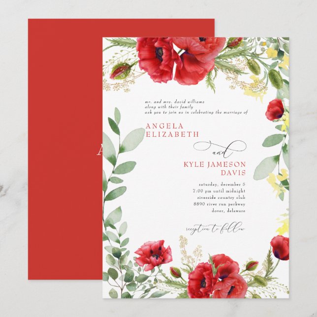 Elegant Colorful Red Poppies Wedding  Invitation (Front/Back)