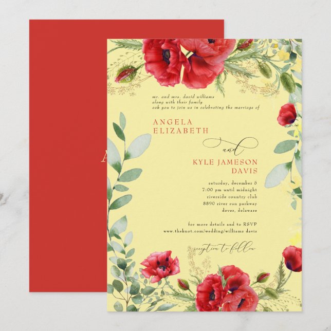 Elegant Colorful Red Poppies Yellow Wedding Invitation (Front/Back)