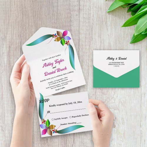 Elegant Colorful Rose Shiny Modern Floral Wedding All In One Invitation