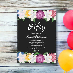Elegant Colorful Roses Black Floral 50th Birthday Invitation