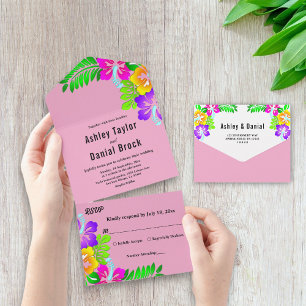 Elegant Colorful Roses Boho Pink Floral Wedding All In One Invitation