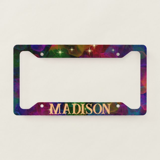 Elegant colorful sparkles smoke monogram license plate frame (Front)