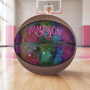 Elegant colorful sparkles smoke monogram mini basketball