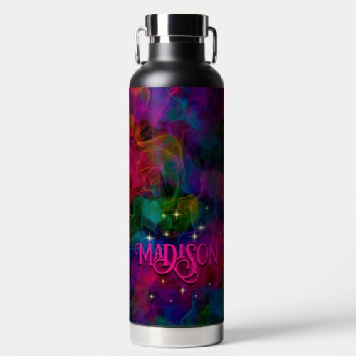 Elegant colorful sparkles smoke monogram water bottle