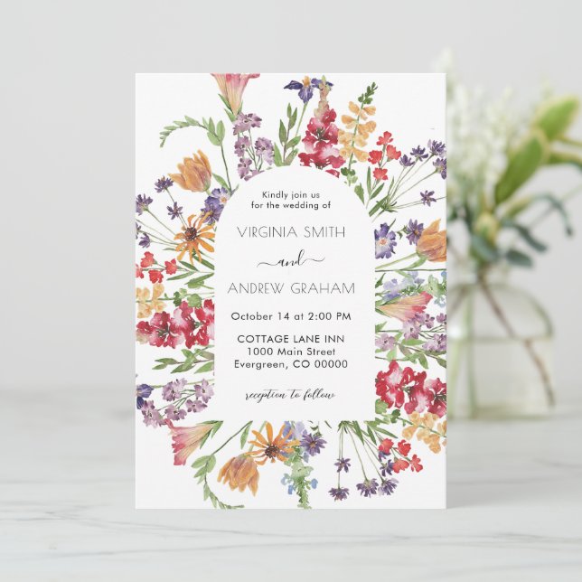 Elegant Colorful Spring Wildflower Wedding Invitation (Standing Front)