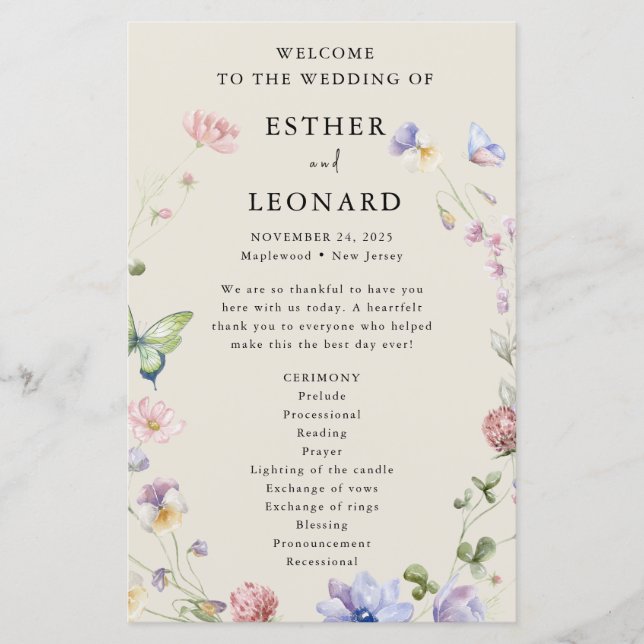 Elegant Colorful Spring Wildflower Wedding Program (Front)