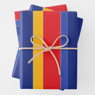 Elegant Colorful Stripes, Red Blue Yellow & Silver Wrapping Paper Sheets