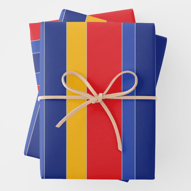Elegant Colorful Stripes, Red Blue Yellow & Silver Wrapping Paper Sheets (In situ)