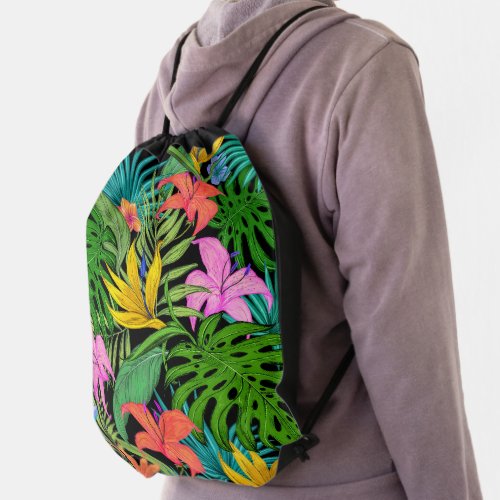 Elegant Colorful Summer Tropical Floral Leaves   Drawstring Bag